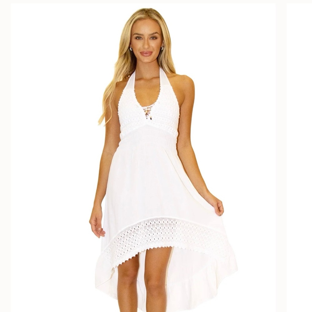 White Halter Cotton High-Low Dress